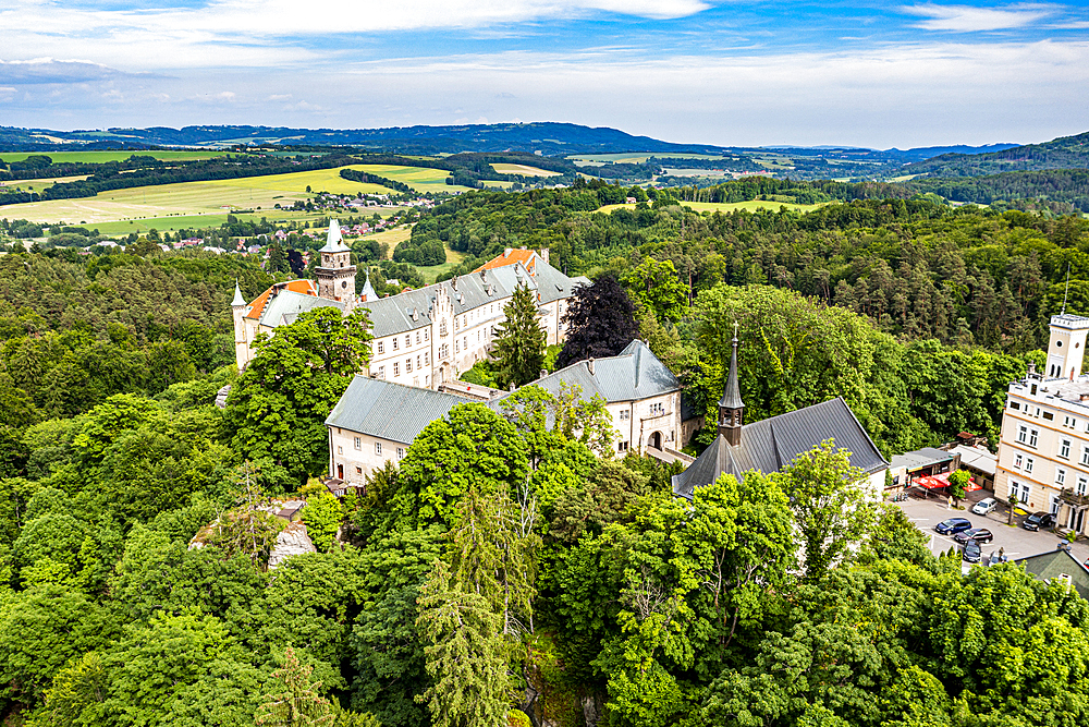 Aerial of Hruba Skala Castle, Bohemian Paradise, Czech Republic, Europe