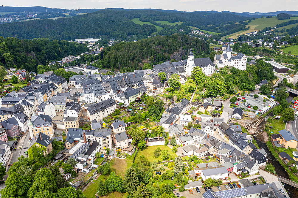 Aerial of St. Georgen Kirche and Palace, town of Schwarzenberg, Ore Mountains, UNESCO World Heritage Site, Saxony, Germany, Europe