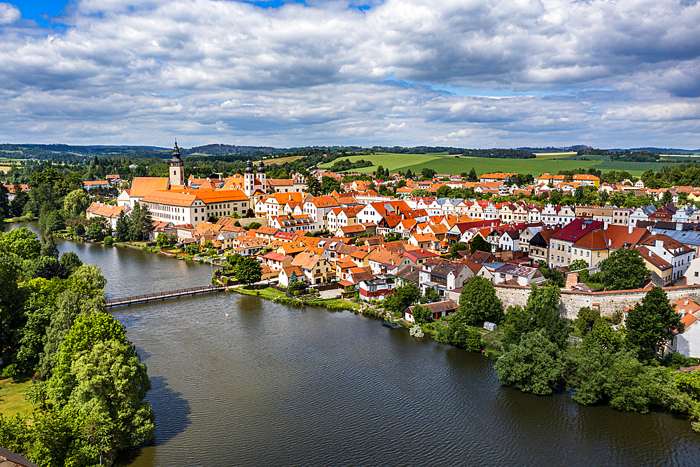 Aerial of the historic center of Telc, UNESCO World Heritage Site, South Moravia, Czech Republic, Europe