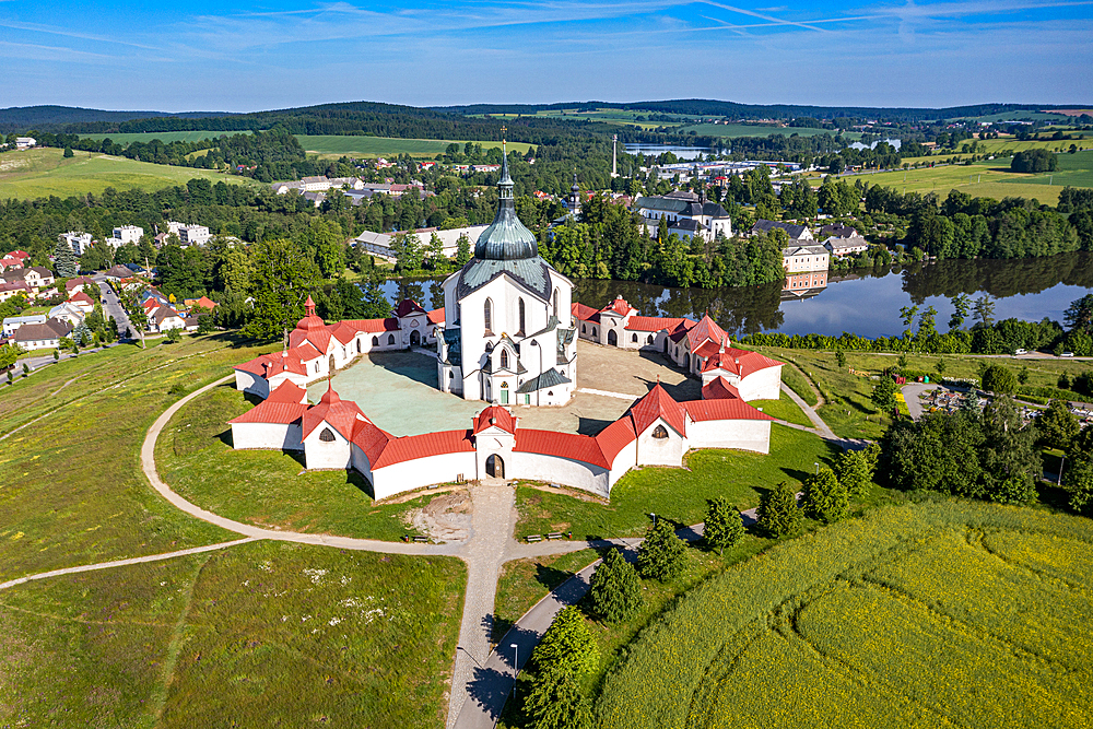 Aerial of the Pilgrimage Church of Saint John of Nepomuk, UNESCO World Heritage Site, Zelena Hora, Czech Republic, Europe