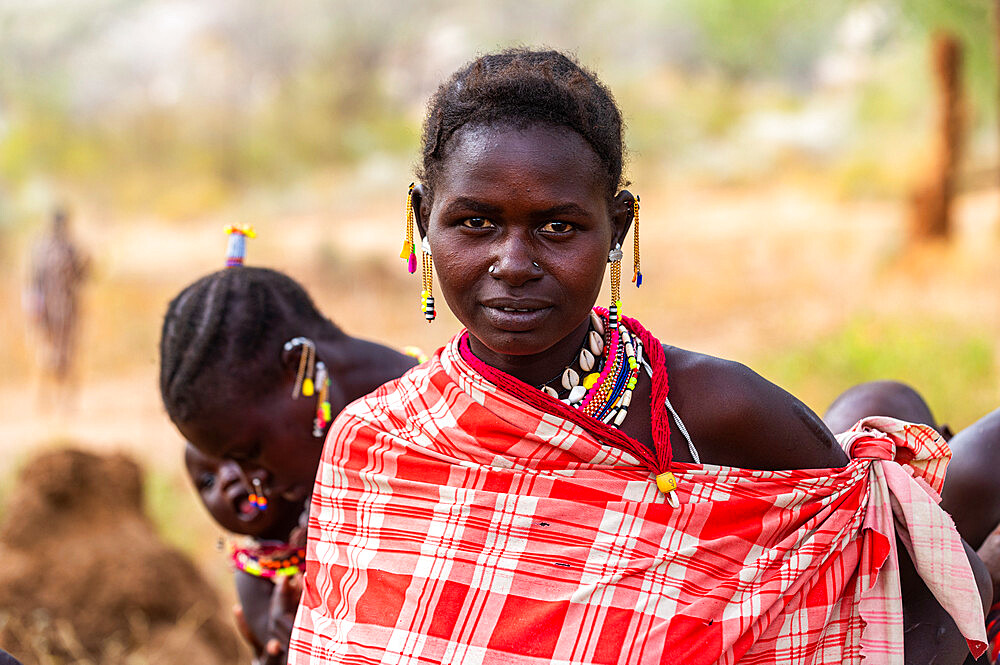 Traditional dressed young girls from the Laarim tribe, Boya Hills, Eastern Equatoria, South Sudan, Africa