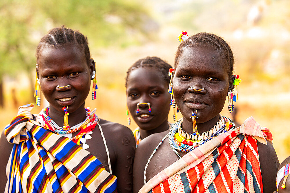 Traditional dressed young girls from the Laarim tribe, Boya Hills, Eastern Equatoria, South Sudan, Africa