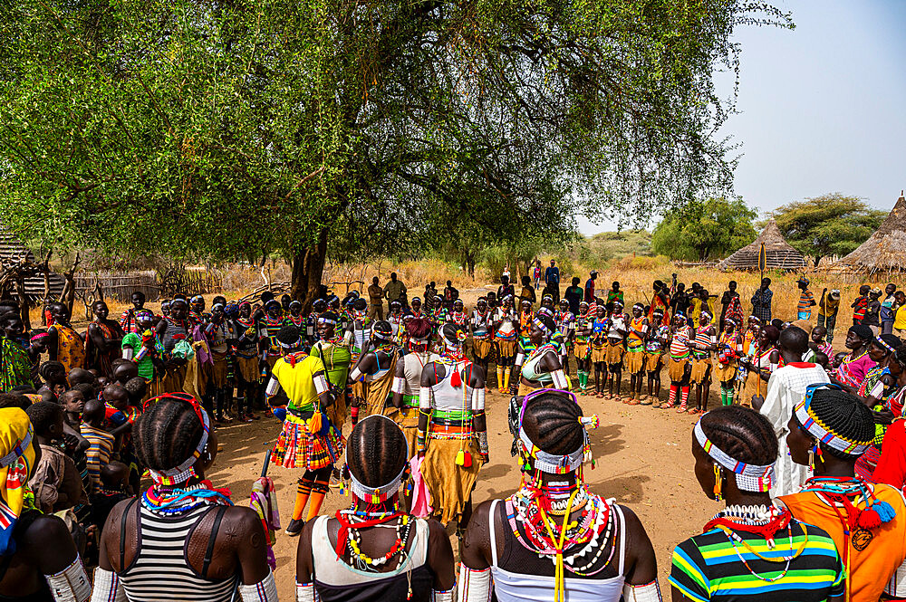 Traditional dressed young girls practising local dances, Laarim tribe, Boya Hills, Eastern Equatoria, South Sudan, Africa