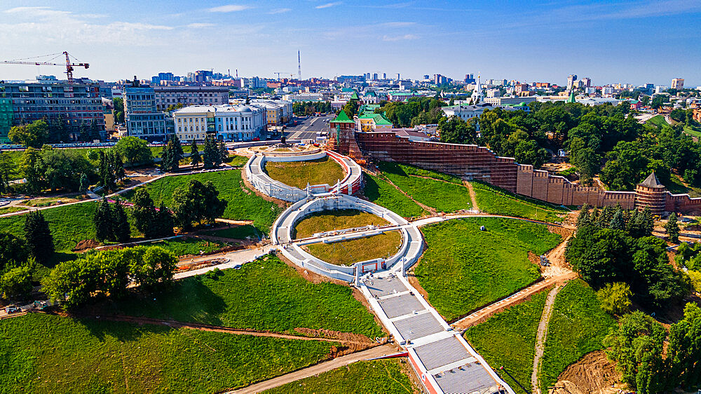 Aerial of the Chkalov Stairs, Nizhny Novgorod, Russia, Europe