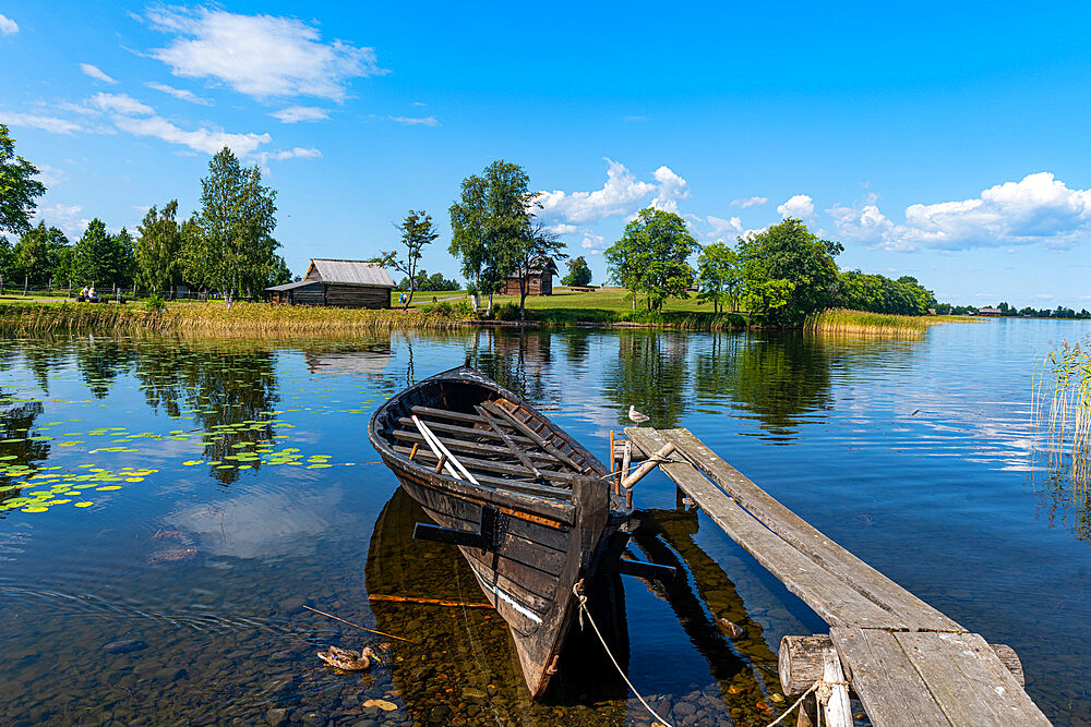 Reflecting waters in a little bay, Kizhi Island, Karelia, Russia, Europe