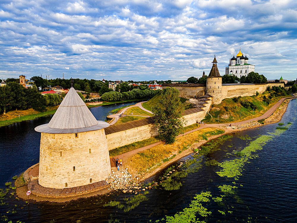 Aerial of the Kremlin of Pskov, UNESCO World Heritage Site, Pskov, Russia, Europe