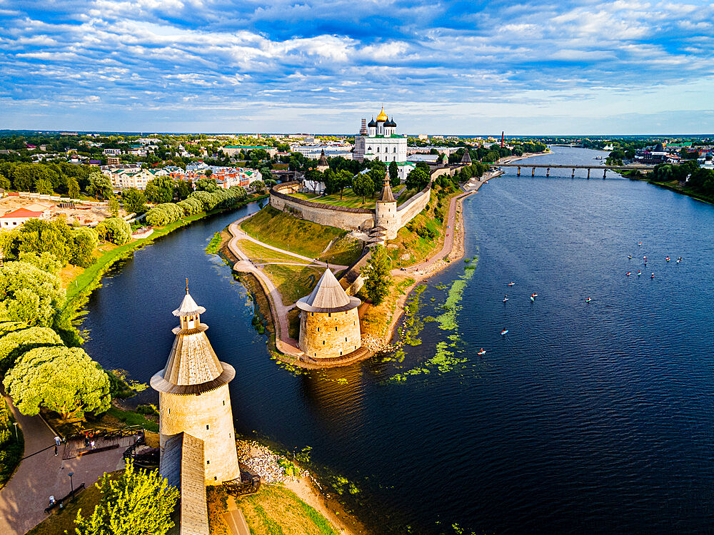 Aerial of the Kremlin of Pskov, UNESCO World Heritage Site, Pskov, Russia, Europe