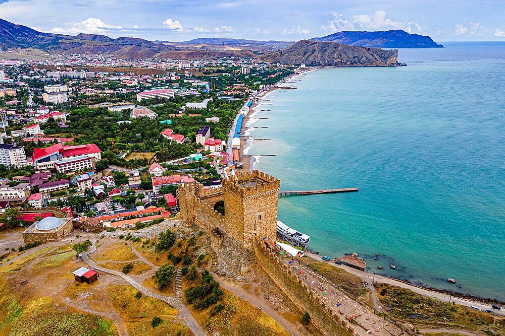 Aerial of the Genoese fortress of Sudak, Crimea, Russia, Europe