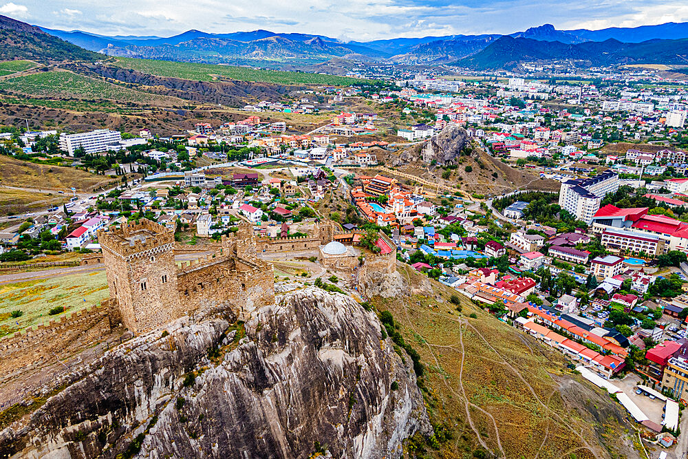 Aerial of the Genoese fortress of Sudak, Crimea, Russia, Europe