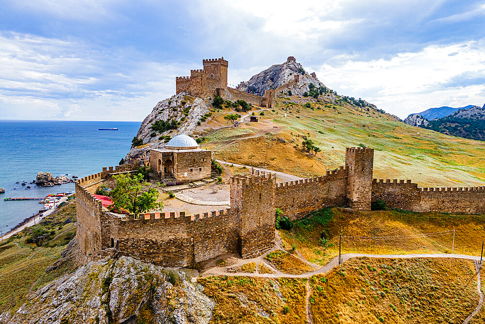 Aerial of the Genoese fortress of Sudak, Crimea, Russia, Europe