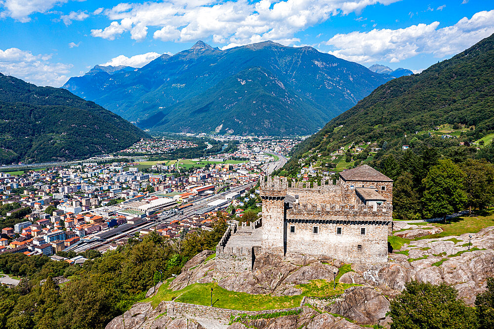 Aerial of Sasso Corbaro Castle, Three Castles of Bellinzona UNESCO World Heritage Site, Ticino, Switzerland, Europe