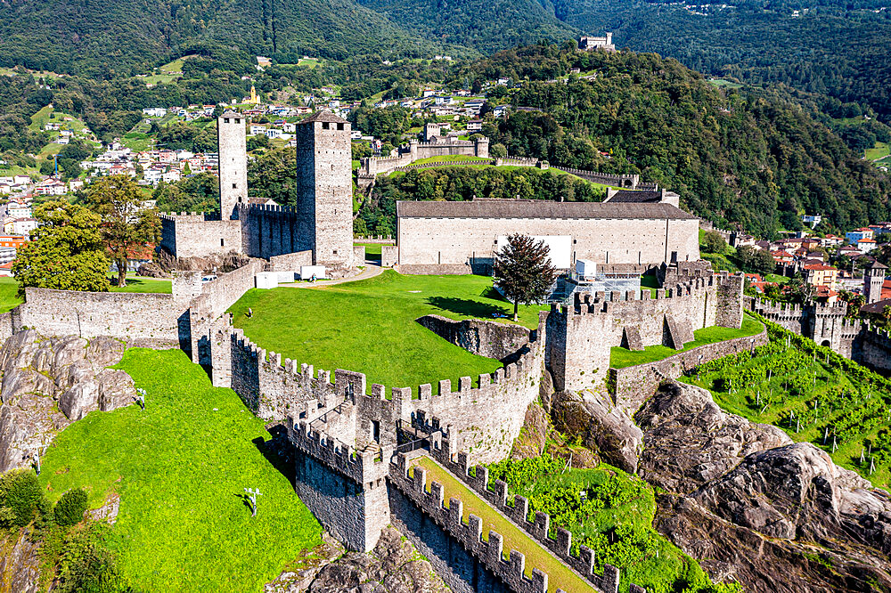 Aerial of the Castlegrande, Three Castles of Bellinzona UNESCO World Heritage Site, Ticino, Switzerland, Europe