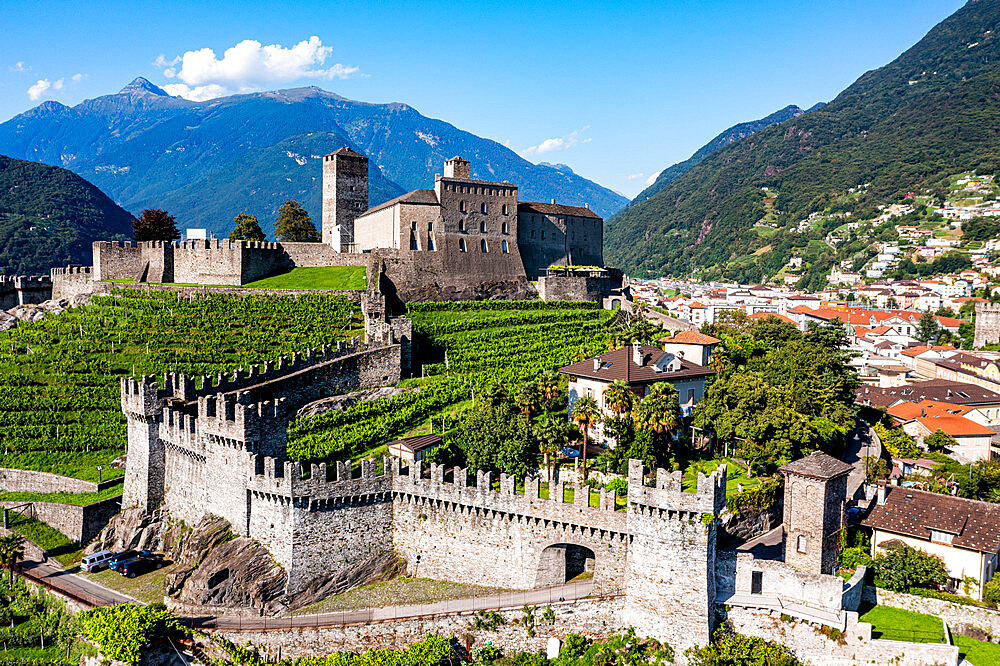 Aerial of the Castlegrande, Three Castles of Bellinzona UNESCO World Heritage Site, Ticino, Switzerland, Europe