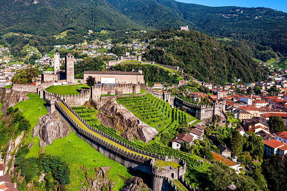 Aerial of the Castlegrande, Three Castles of Bellinzona UNESCO World Heritage Site, Ticino, Switzerland, Europe