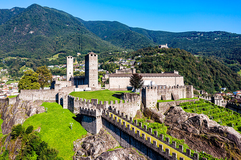 Aerial of the Castlegrande, Three Castles of Bellinzona UNESCO World Heritage Site, Ticino, Switzerland, Europe