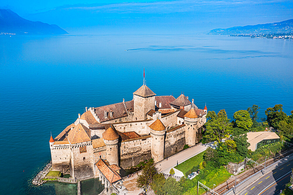 Aerial of Chillon Castle, Lake Geneva, Switzerland, Europe