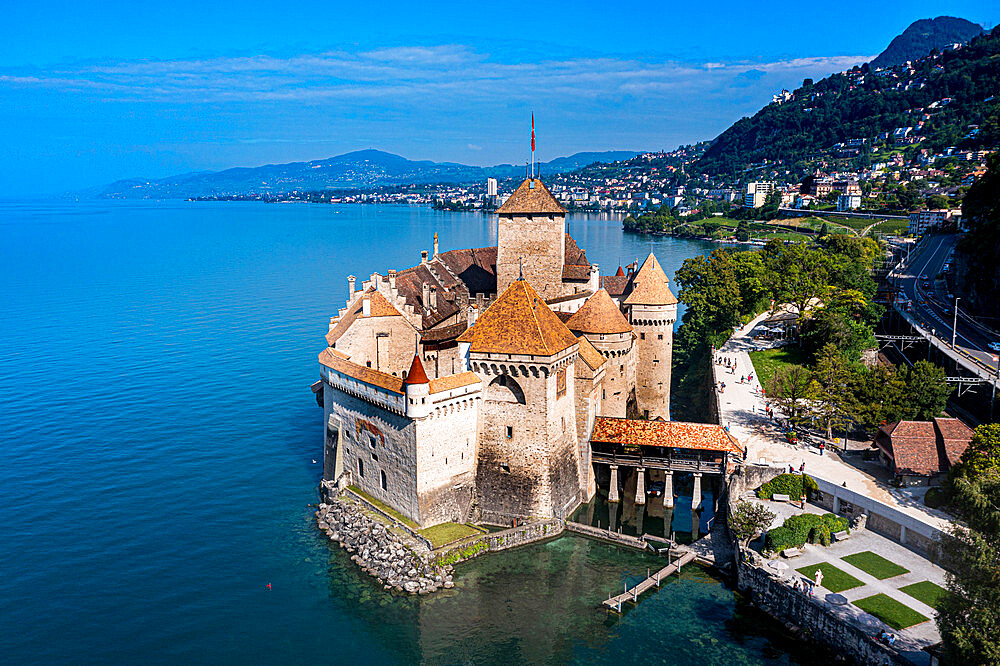 Aerial of Chillon Castle, Lake Geneva, Switzerland, Europe