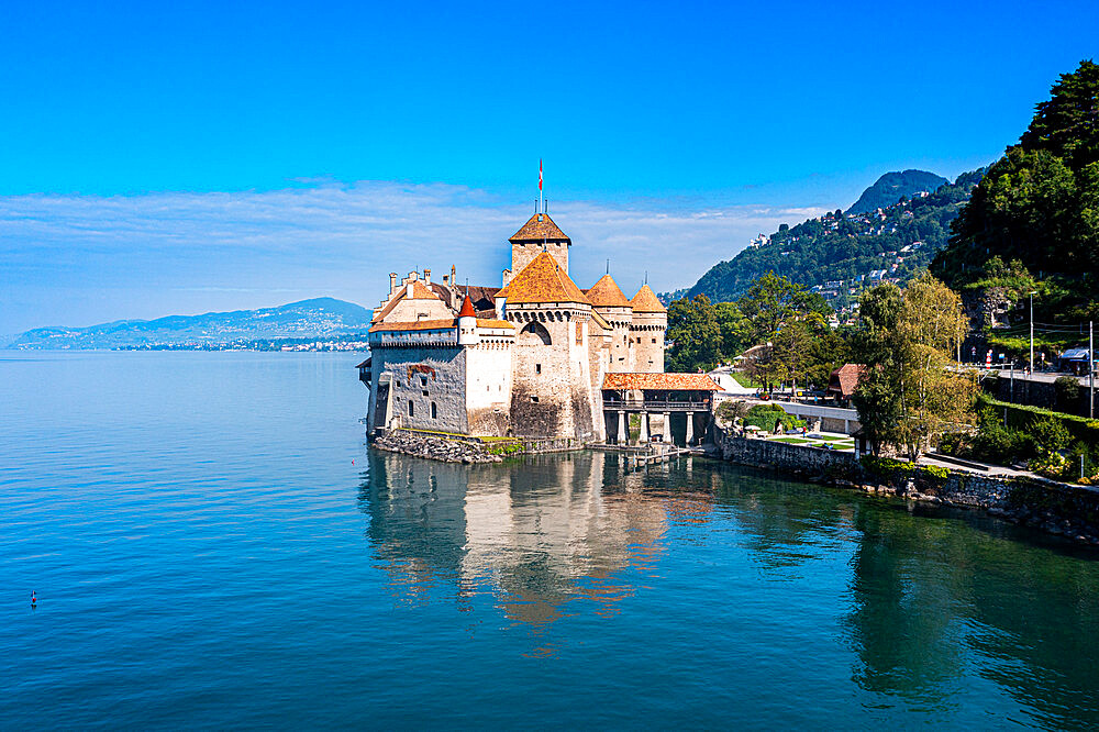 Aerial of Chillon Castle, Lake Geneva, Switzerland, Europe