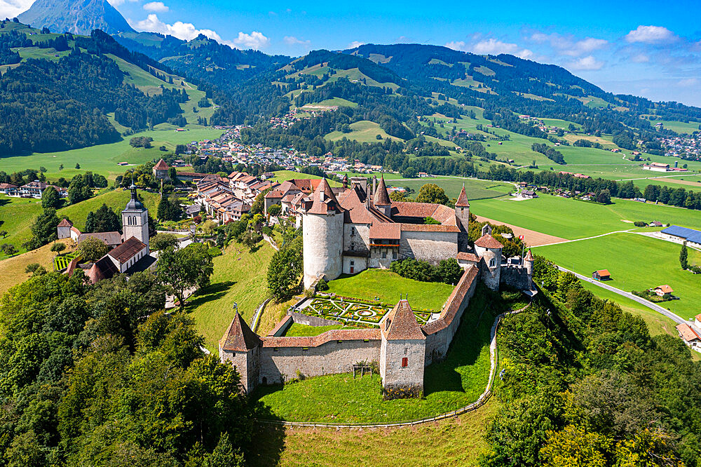 Aerial of Gruyere Castle, Fribourg, Switzerland, Europe