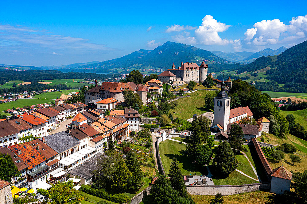 Aerial of Gruyere Castle, Fribourg, Switzerland, Europe