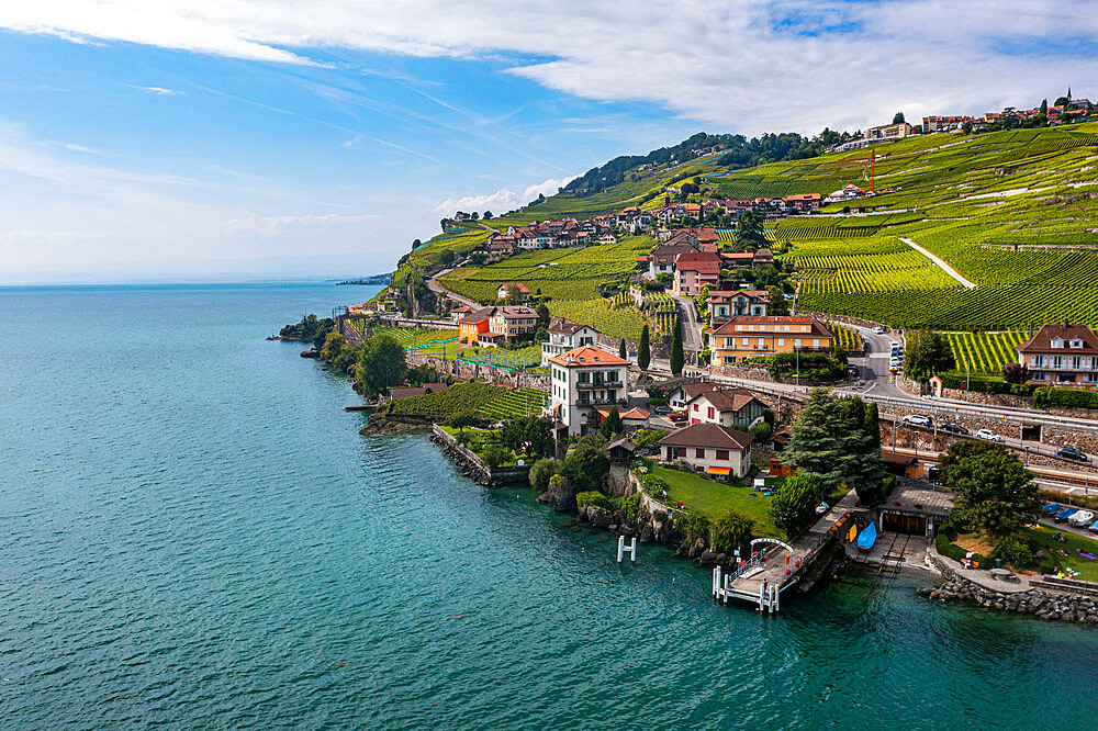 Aerial of the Lavaux Vineyard Terraces, UNESCO World Heritage Site, Lake Geneva, Switzerland, Europe