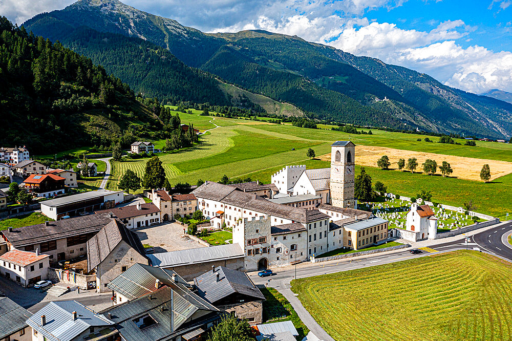 Aerial of the Benedictine Convent of St. John in Mustair, UNESCO World Heritage Site, Swiss Alps, Switzerland, Europe