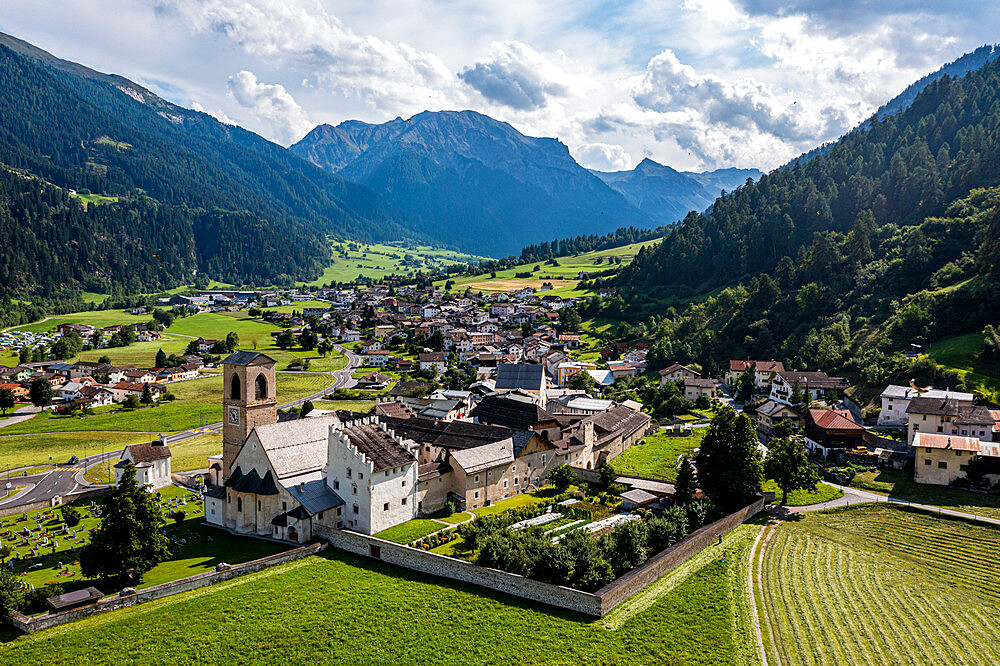 Aerial of the Benedictine Convent of St. John in Mustair, UNESCO World Heritage Site, Swiss Alps, Switzerland, Europe