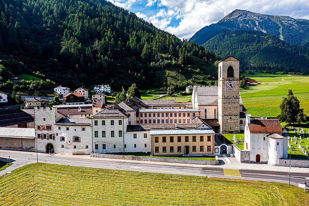 Aerial of the Benedictine Convent of St. John in Mustair, UNESCO World Heritage Site, Swiss Alps, Switzerland, Europe