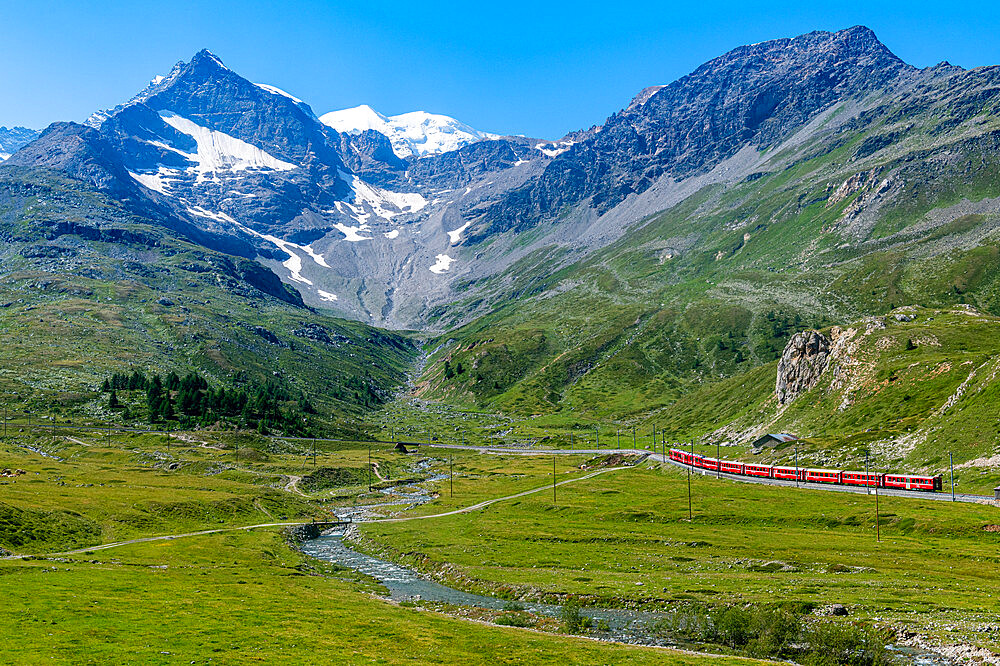 Rhaetian Railway crossing the Bernina Pass, UNESCO World Heritage Site, Switzerland, Europe