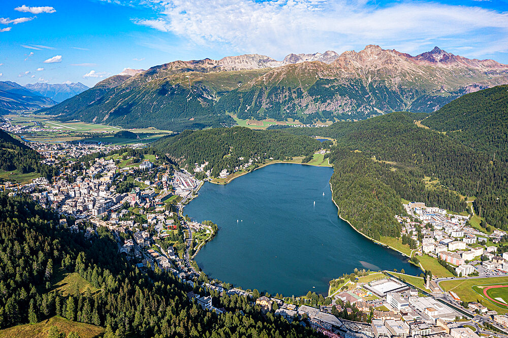 View over St. Moritz and lake, Engadine, Graubunden, Switzerland, Europe