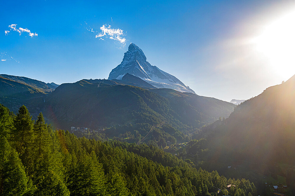 The Matterhorn, behind Zermatt at sunset, Valais, Swiss Alps, Switzerland, Europe