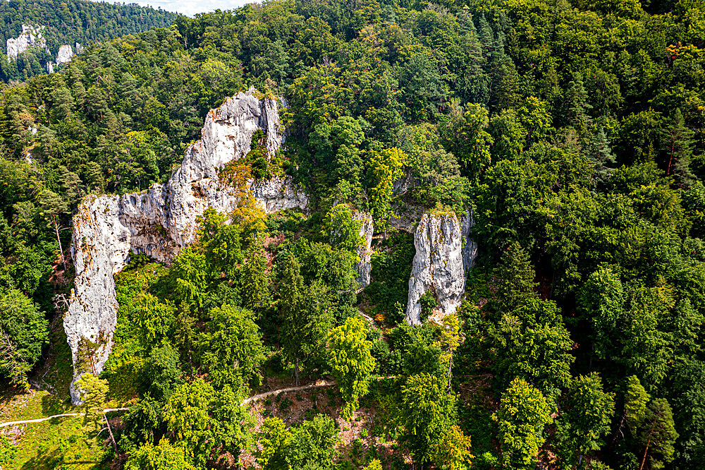 Aerial of the Geissenkloesterle, UNESCO World Heritage Site, Caves and Ice Age Art in the Swabian Jura, Baden-Wurttemberg, Germany, Europe