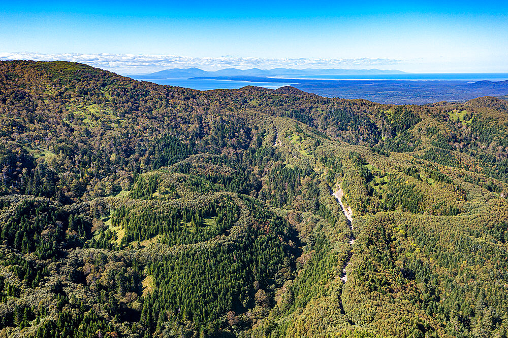 View over the forested south coast of Sakhalin, Russia, Eurasia