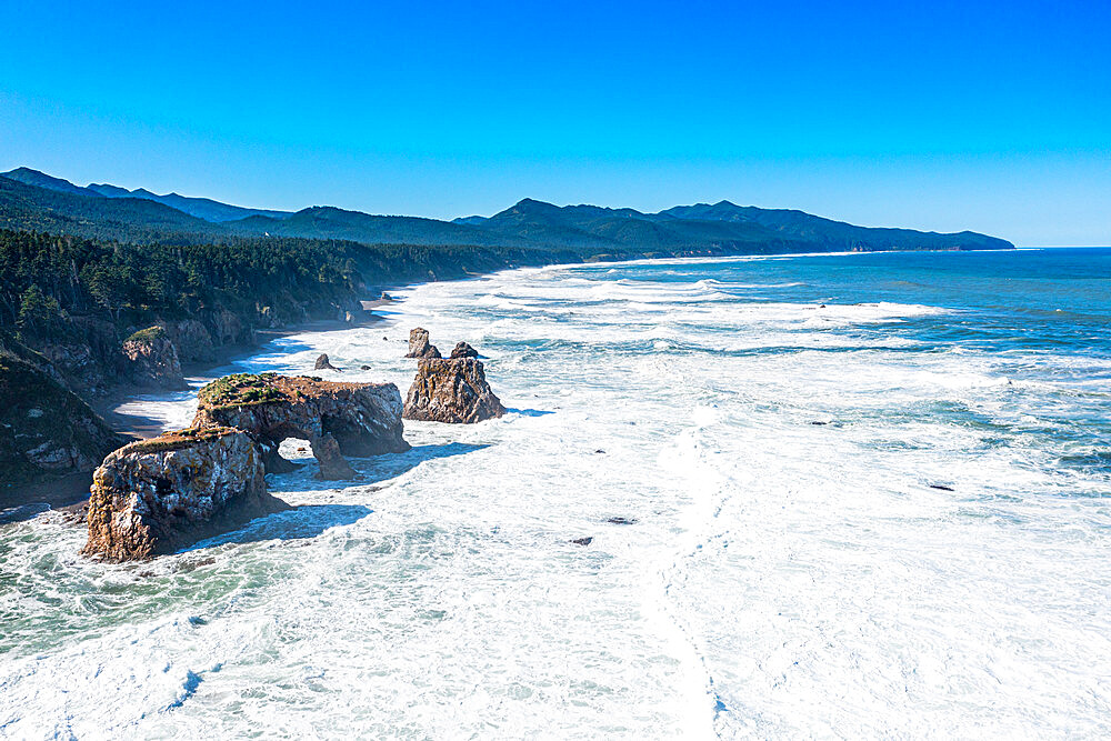 Aerial of the coastline of Cape giant, Sakhalin, Russia, Eurasia