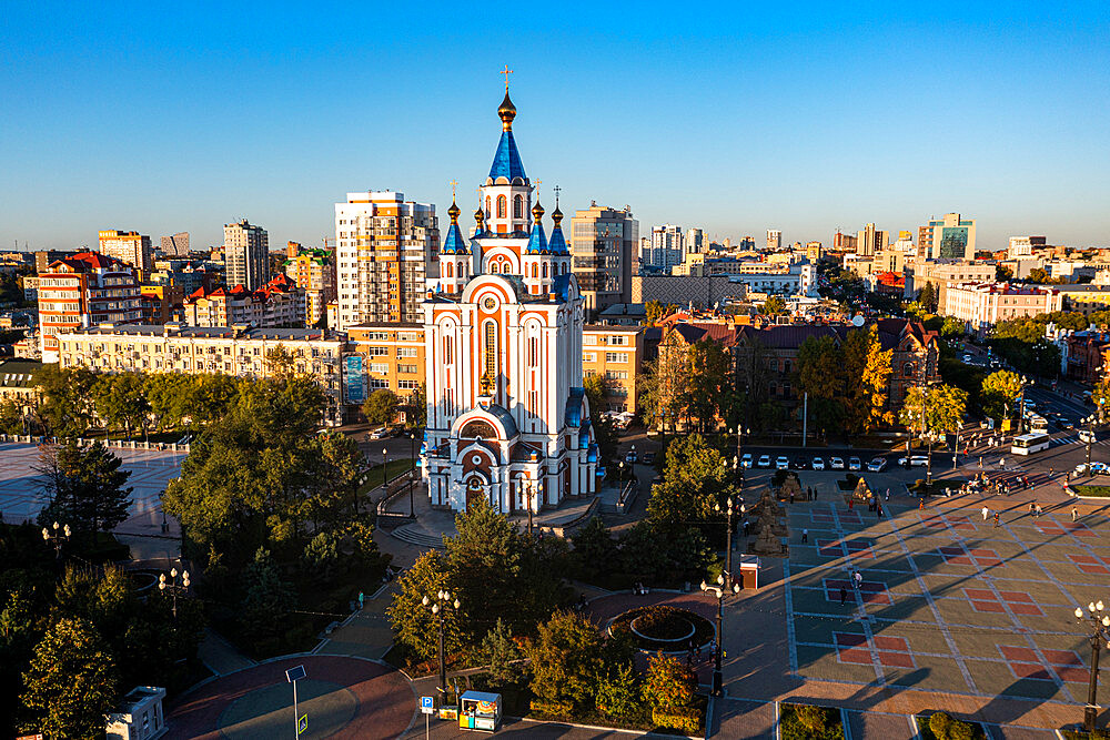 Aerial of the Uspensky Cathedral of the Ascension on Komsomol Square, Khabarovsk, Khabarovsk Krai, Russia, Eurasia