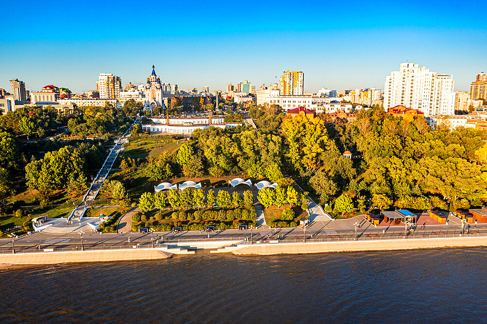 Aerial of Khabarovsk and the Amur River, Khabarovsk Krai, Russia, Eurasia