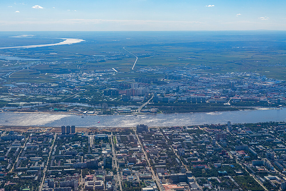 Aerial of Heihe in China and Blagoveshchensk, Amur Oblast, Russia, Eurasia