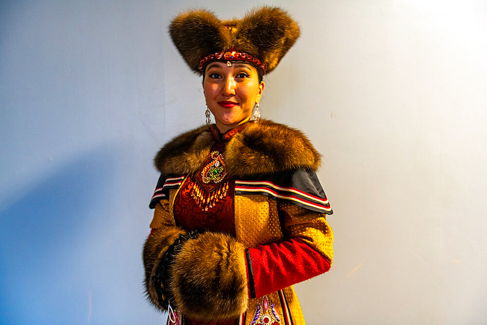 Traditional dressed Khakassian woman, Abakan, Republic of Khakassia, Russia, Eurasia