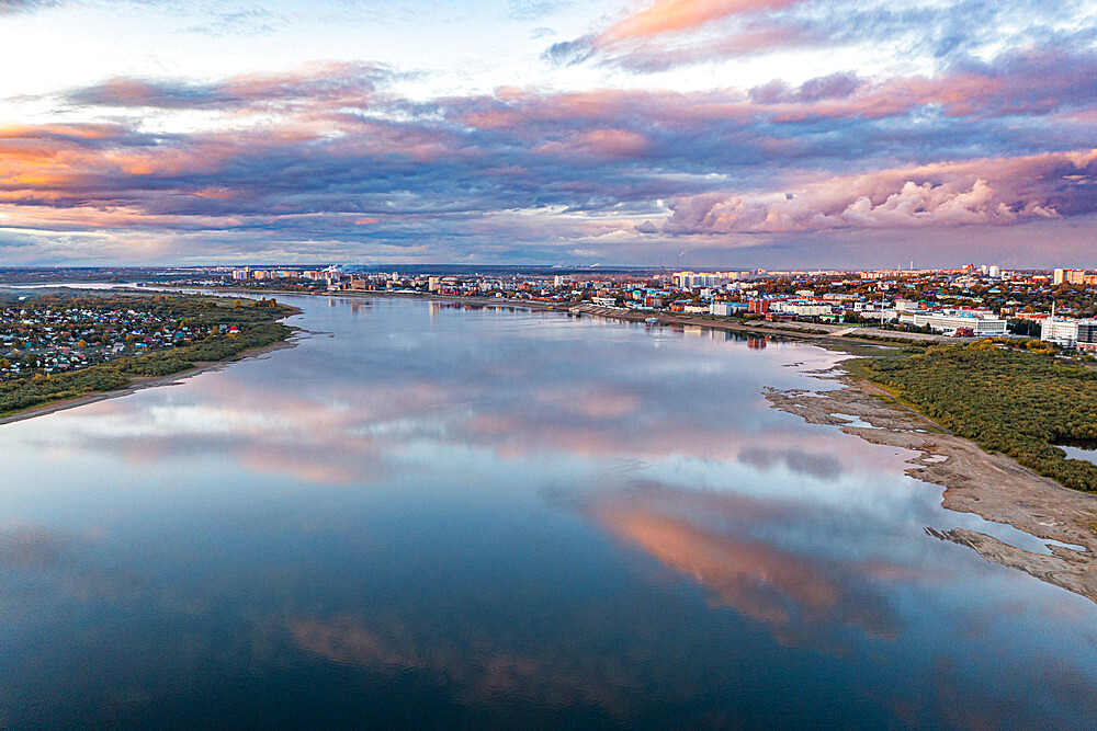 Cloud reflections on the Tom River, Tomsk, Tomsk Oblast, Russia, Eurasia