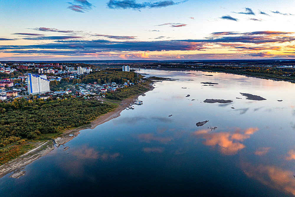 Cloud reflections on the Tom River, Tomsk, Tomsk Oblast, Russia, Eurasia