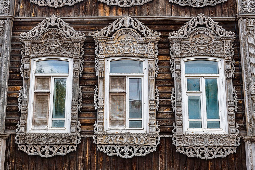 Beautiful wooden windows, Old wooden house, Tomsk, Tomsk Oblast, Russia, Eurasia