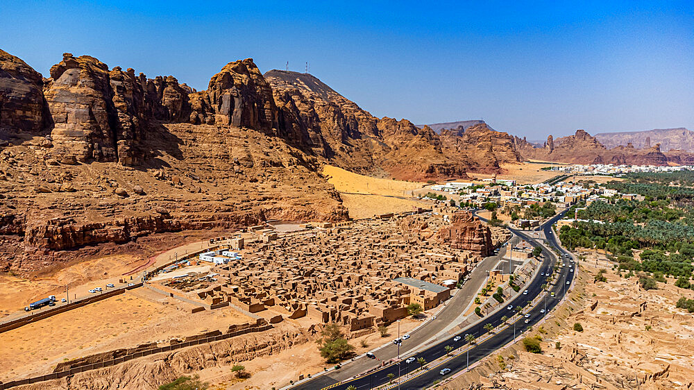 Aerial of the old town of Al Ula, Kingdom of Saudi Arabia, Middle East