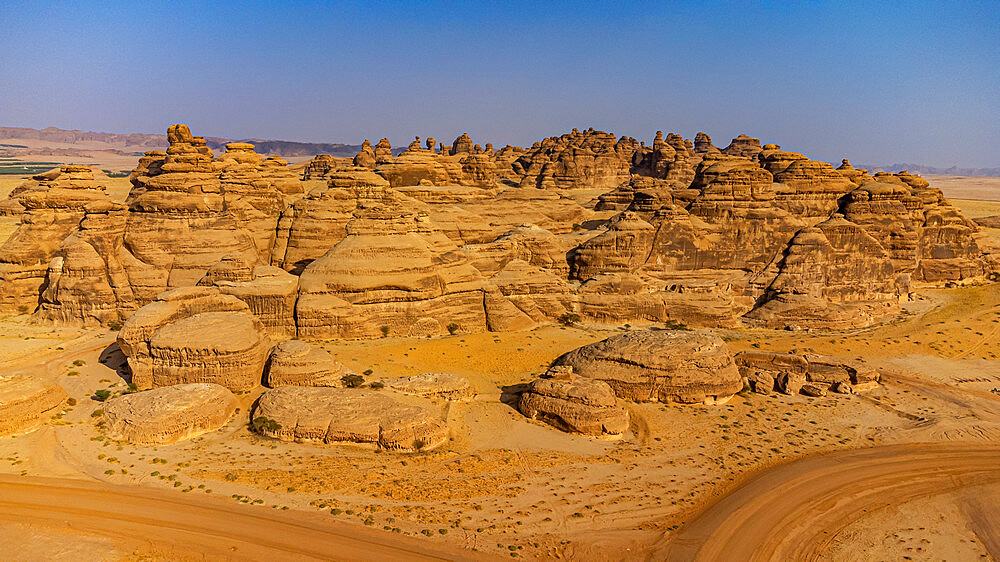 Aerial of the rock tombs, Madain Saleh (Hegra) (Al Hijr), UNESCO World Heritage Site, Al Ula, Kingdom of Saudi Arabia, Middle East