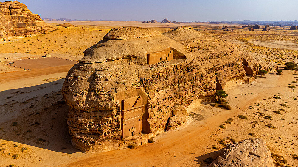 Aerial of the rock tombs, Madain Saleh (Hegra) (Al Hijr), UNESCO World Heritage Site, Al Ula, Kingdom of Saudi Arabia, Middle East