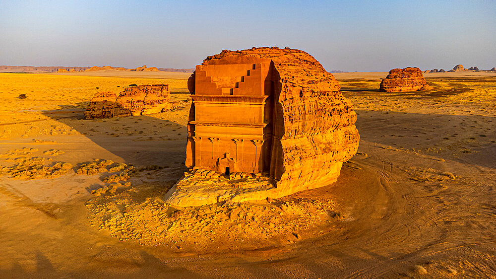 Aerial of the Tomb of Lihyan, son of Kuza, Madain Saleh (Hegra) (Al Hijr), UNESCO World Heritage Site, Al Ula, Kingdom of Saudi Arabia, Middle East