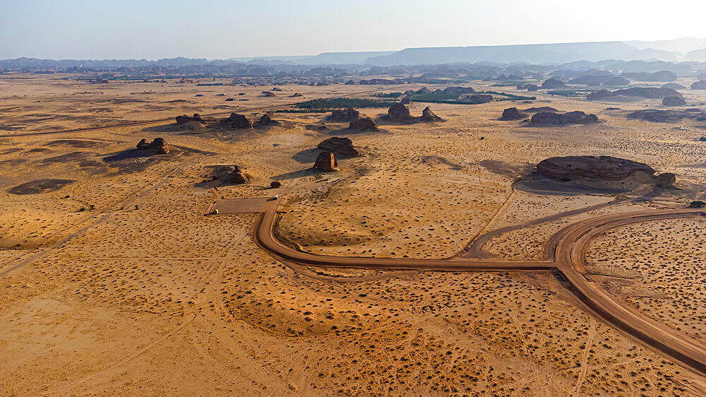 Aerial of the Madain Saleh (Hegra) (Al Hijr), UNESCO World Heritage Site, Al Ula, Kingdom of Saudi Arabia, Middle East