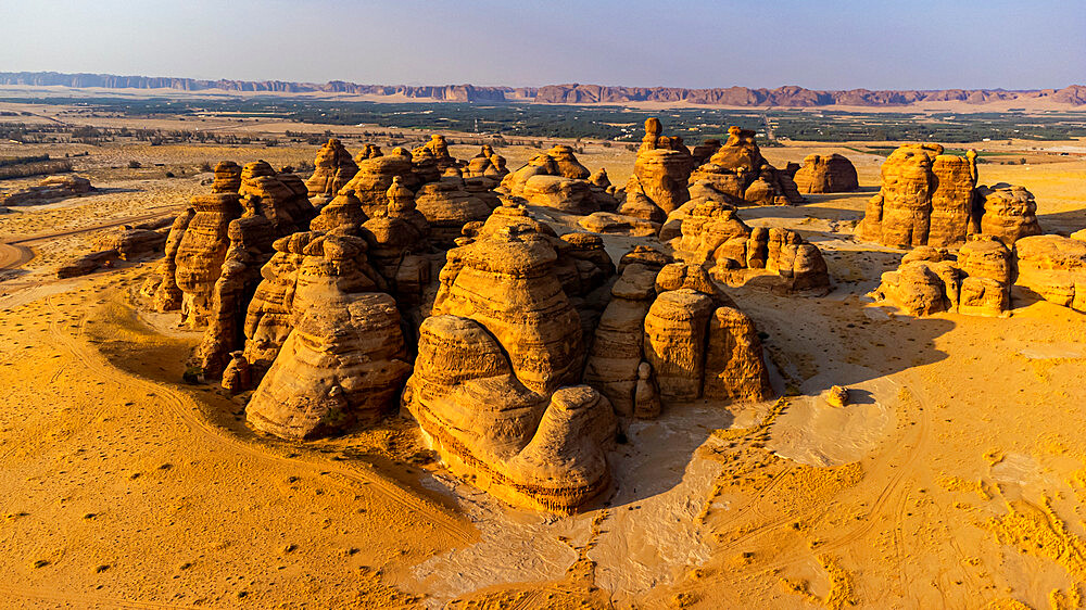 Aerial of beautiful rock formations in the Madain Saleh (Hegra) (Al Hijr), Al Ula, Kingdom of Saudi Arabia, Middle East