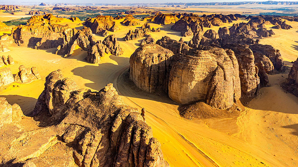 Aerial of a sandstone canyon, Al Ula, Kingdom of Saudi Arabia, Middle East