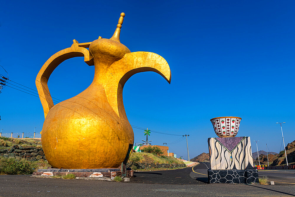 Huge tea pot monument in the Asir mountains near Jizan, Kingdom of Saudi Arabia, Middle East