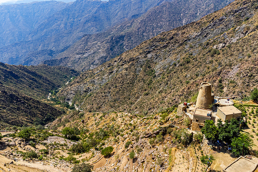 Aerial of fortified house and a coffee plantation, Asir Mountains, Kingdom of Saudi Arabia, Middle East